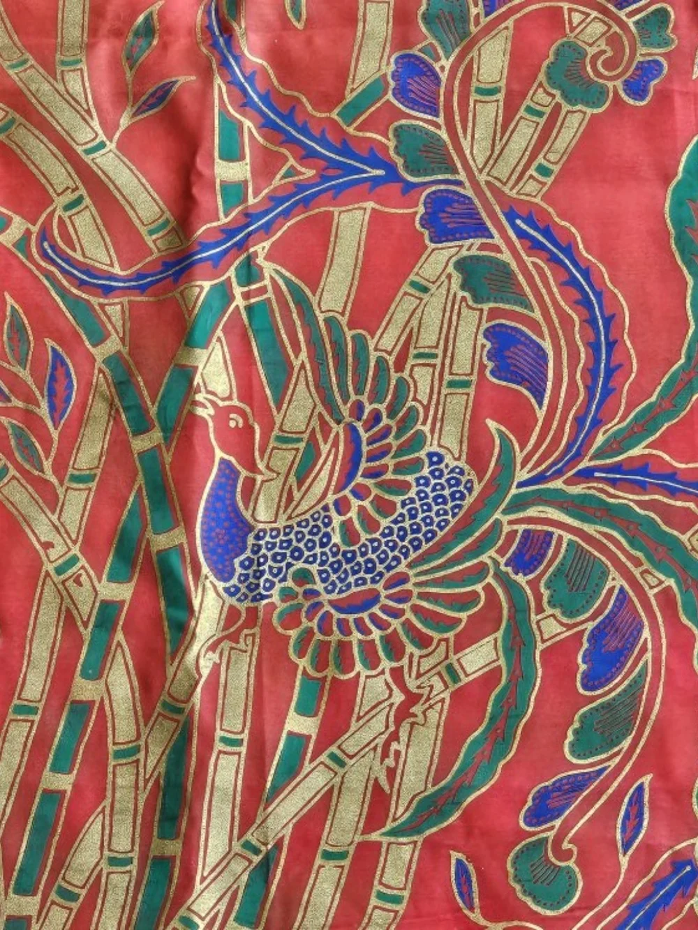 Vintage Asian Phoenix Bamboo Tablecloth Wall Hanging Red Gold 75x43 Textile
